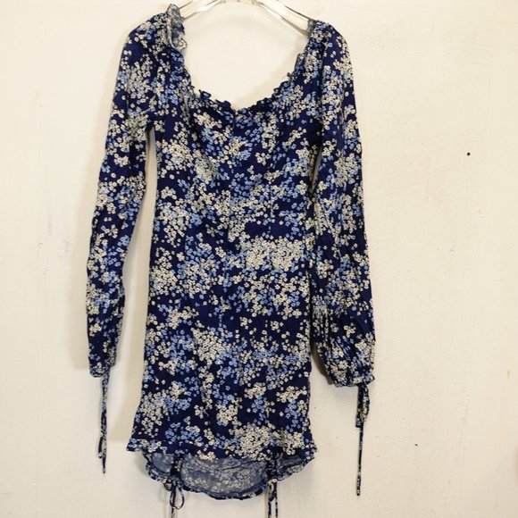 Fashion Nova Dress Womens Medium Blue Floral Mini Ruched Bodycon Stretch‎ - Picture 8 of 10